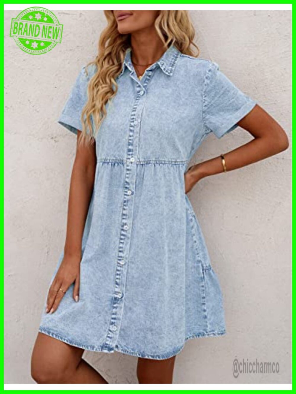 Babydoll Tiered Short Sleeve Button Down Denim Dress - Picture 2 of 6